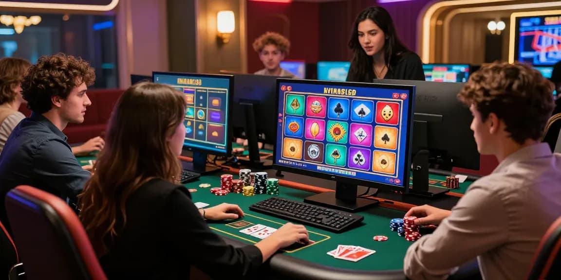 Exciting online gaming atmosphere at https://mb66i.com/ with friends enjoying a casino experience.
